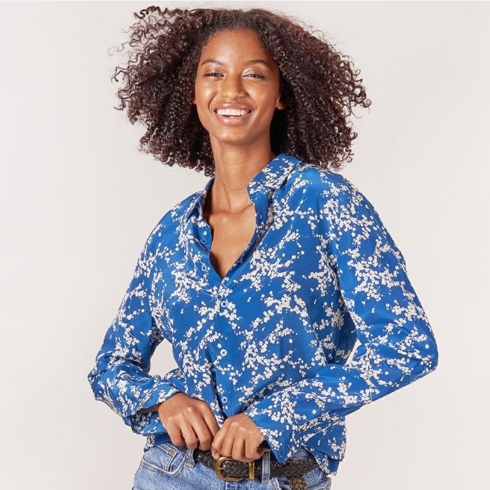 Tucker Brooklyn Button Up Cadet Love Duet Blue Silk Crepe de Chine Floral